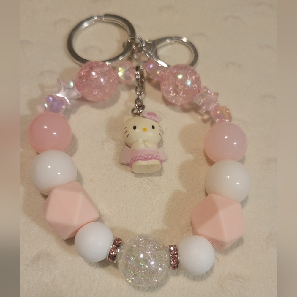 Handmade Keychain with Hello Kitty Pink and White Angel Charm Upcycle